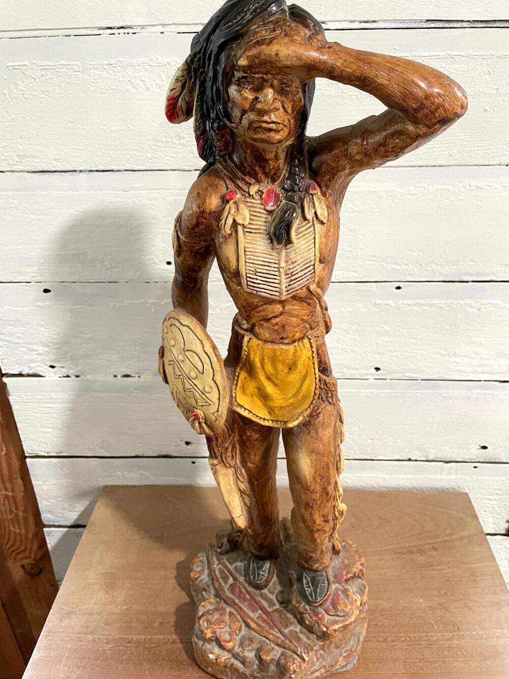 Vintage Native American Warrior Statue 25" Hand Painted Chalkware Plaster Figure